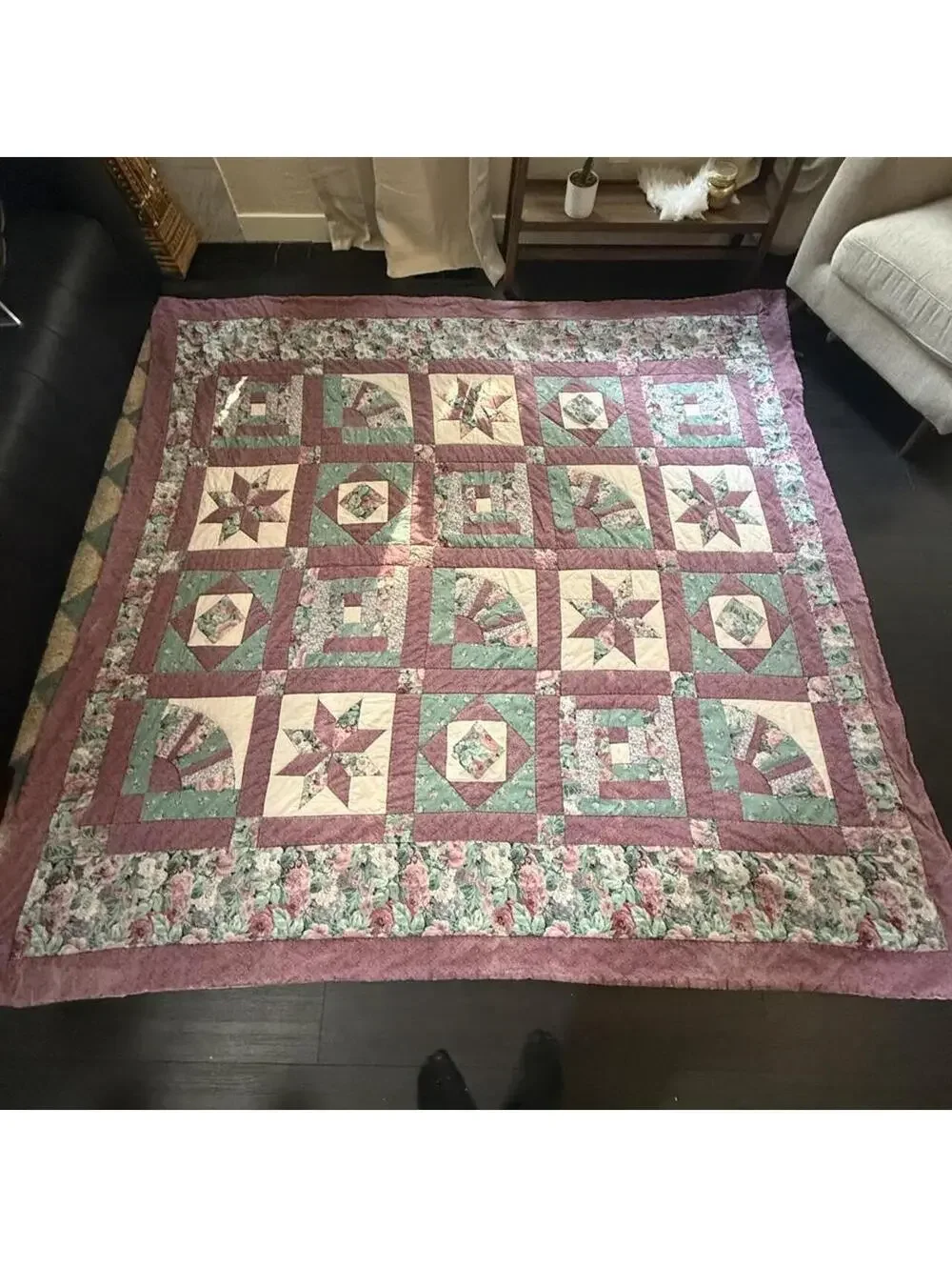 HUGE Vintage quilt star fan motif green, purple, and cream #cottagecore #grandma